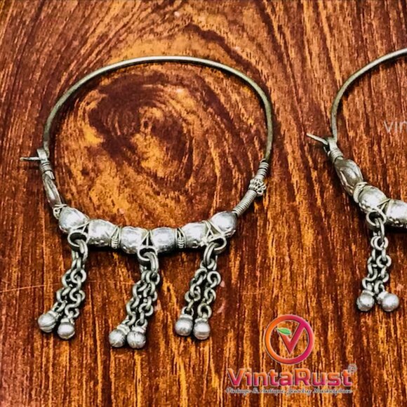 Big Vintage Hoop Earrings With Bells, Tribal Antique Boho Jewelry - Picture 3 of 7